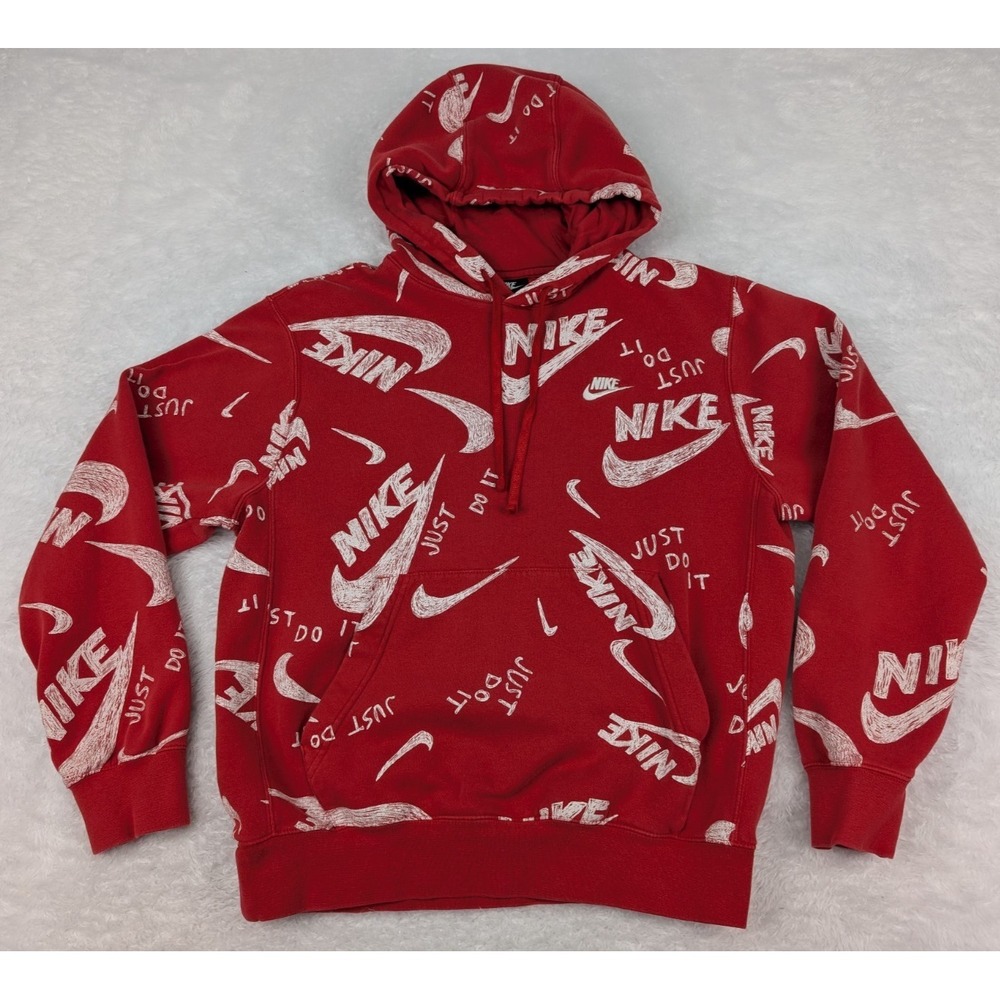 Nike Hoodie Men's S Red Just Do It Swoosh All Over Print Pullover‎ Sweatshirt